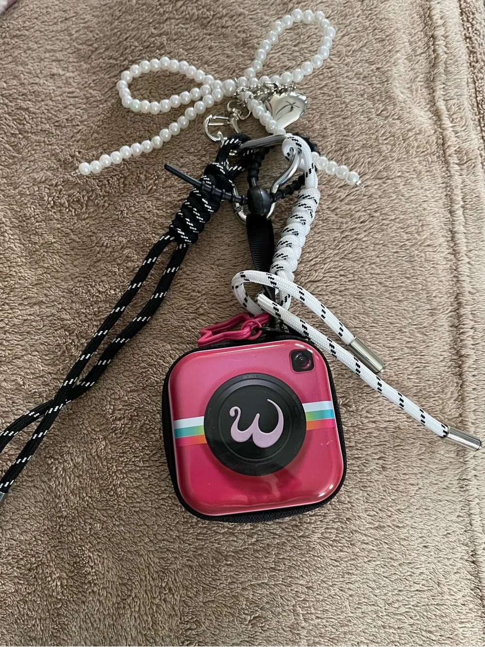 Pink Square Mini Camera Keychain with Rainbow Stripe NEW